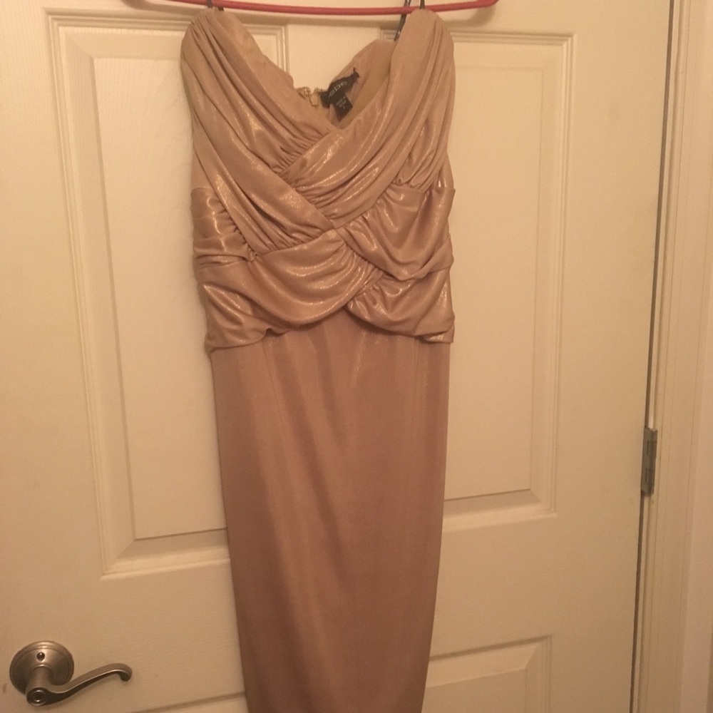 Bebe Gold shimmery ruched strapless dress.
